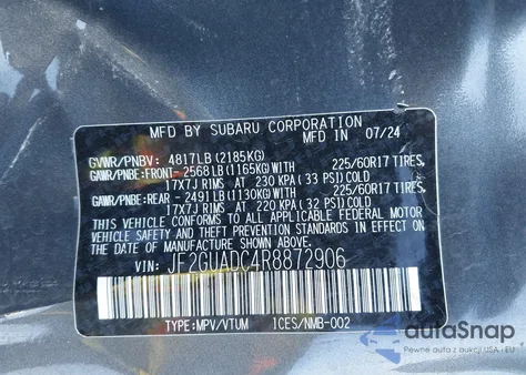 2024 Subaru Crosstrek Premium из США, поврежденный, VIN JF2GUADC4R8872906